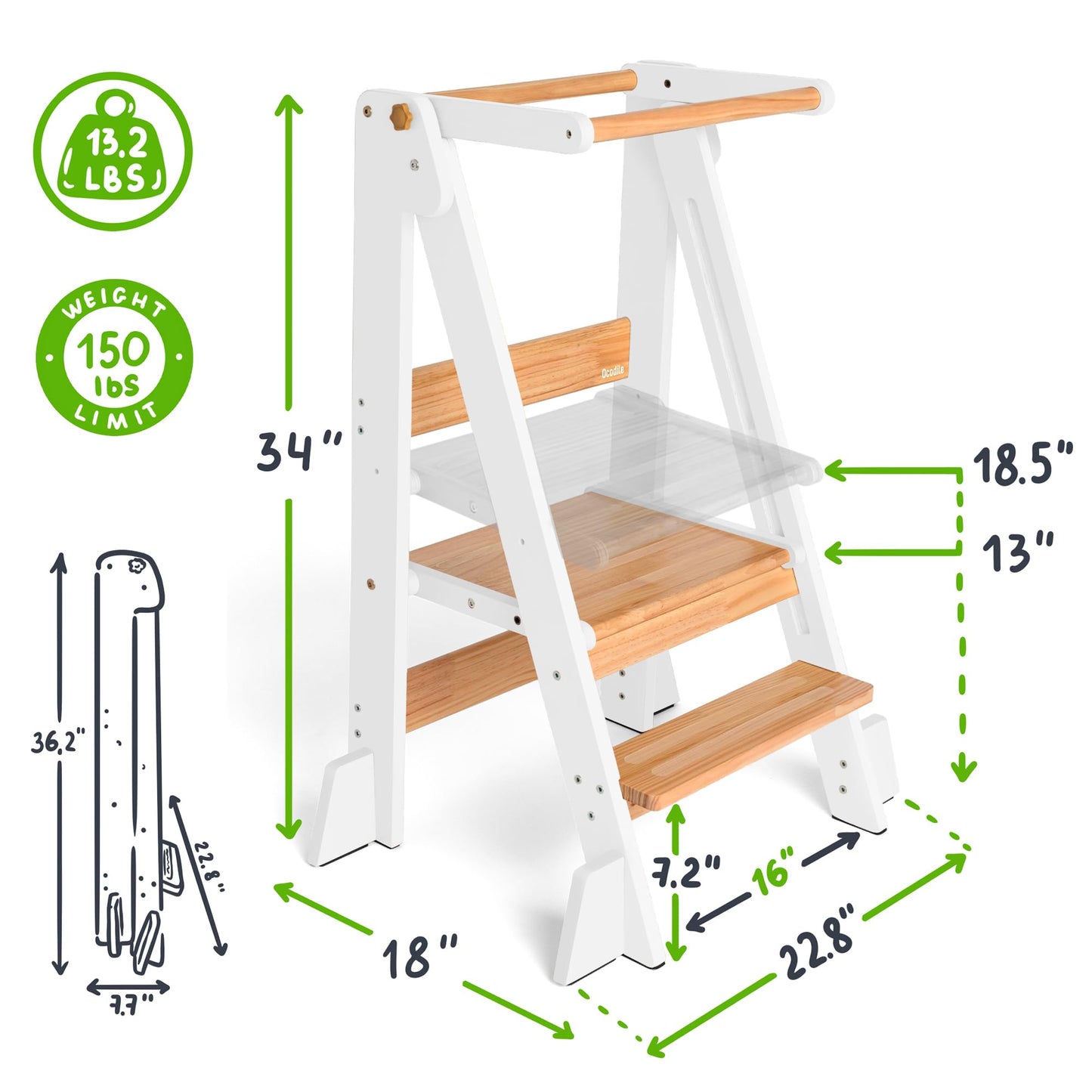 OCODILE Adjustable Foldable Toddler Tower – Folding Tower for Kids | Montessori Toddler Kitchen Step Stool Helper for Independence - White