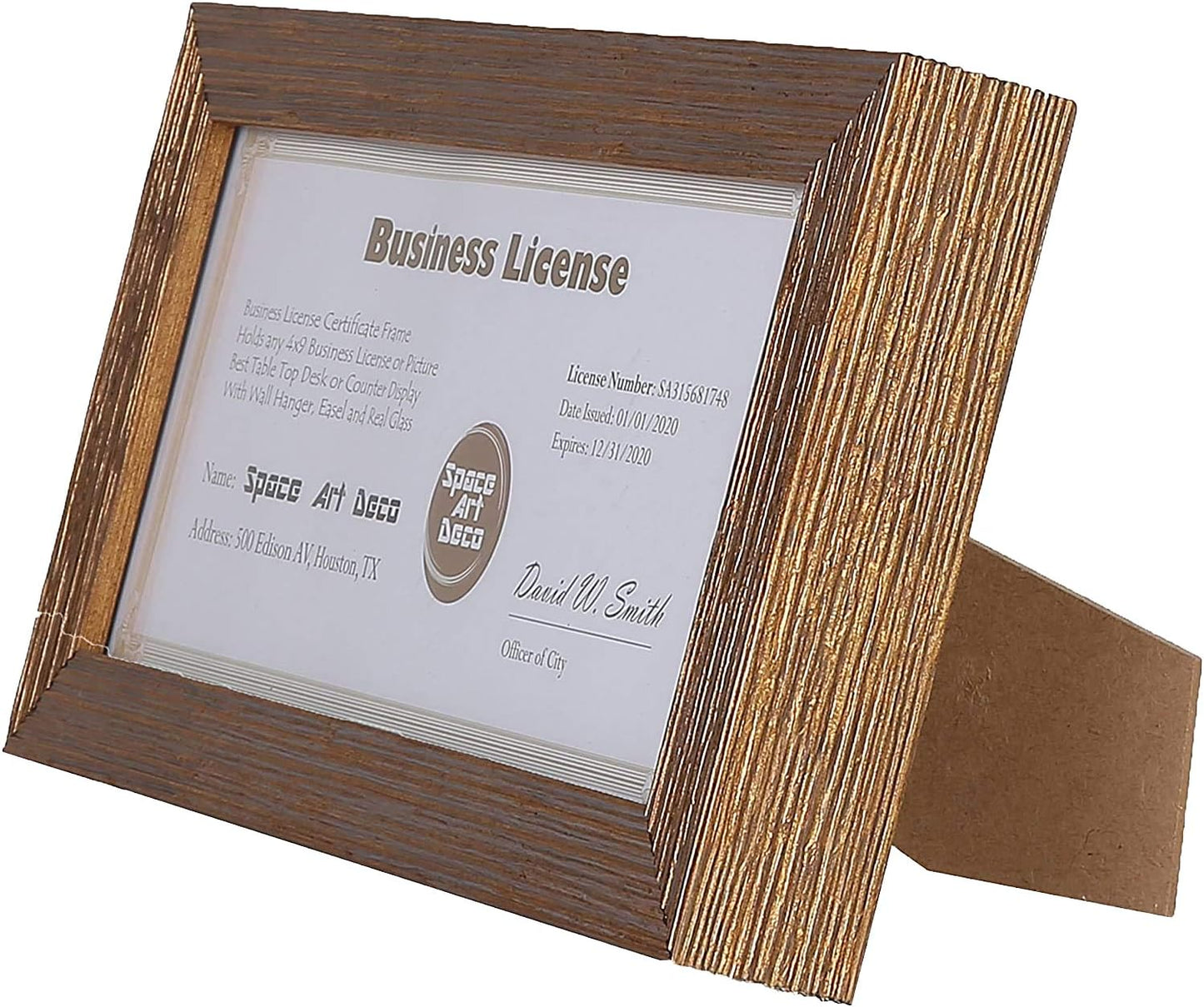 Space Art Deco, 4x9 Gold Textured Frame for Business License/Certificates, Tempered Glass, 1-Pack
