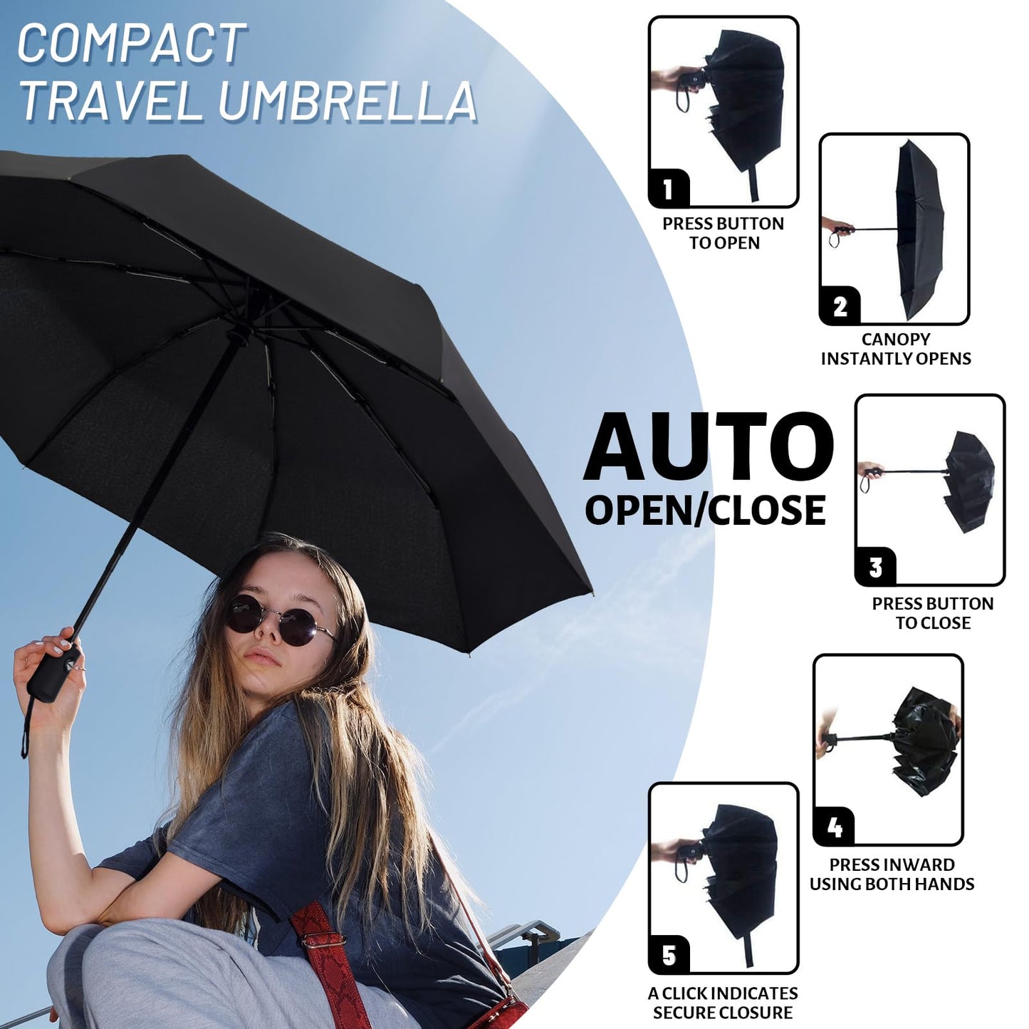 SY COMPACT Travel Umbrella Windproof Automatic LightWeight Unbreakable Umbrellas-Factory outlet umbrella (Black)