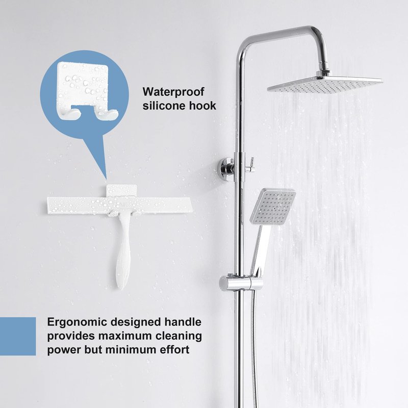 Shower Squeegee for Glass Doors, 11-Inch Silicone Squeegee with Non-Slip Handle and Adhesive Hook for Bathroom, Mirror, Tile, Car Window (White)