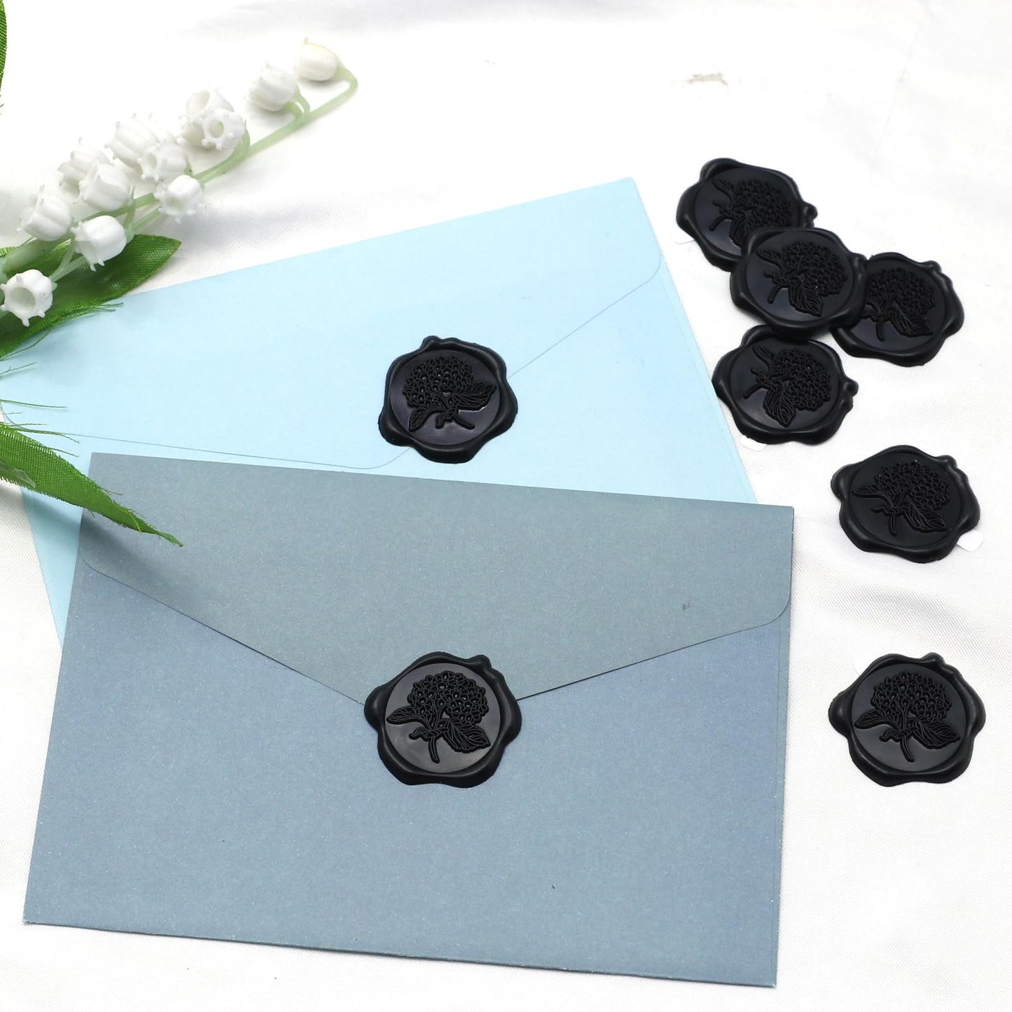 50pcs Hydrangea Wax Seal Stickers, Andotopee Floral Botanical Envelope Seal Stickers, Self-Adhesive Black Stickers Pre-Made from Real Sealing Wax, Great for Wedding Invitation, Gift Wrapping