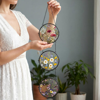 FOCHIER F Linked Round Pressed Flower Frame with Chain, Brass Double Glass Floating Picture Frame for Dried Flowers, Botanical DIY Display, Dynamic Hanging Wall Decor, Aesthetic Gift for Women
