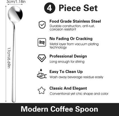Long Ice Tea Spoons, 6.7 Inch Stirring Spoons, Silver Coffee Cocktail Spoon for Stirring Ice Cream, 4 Pack