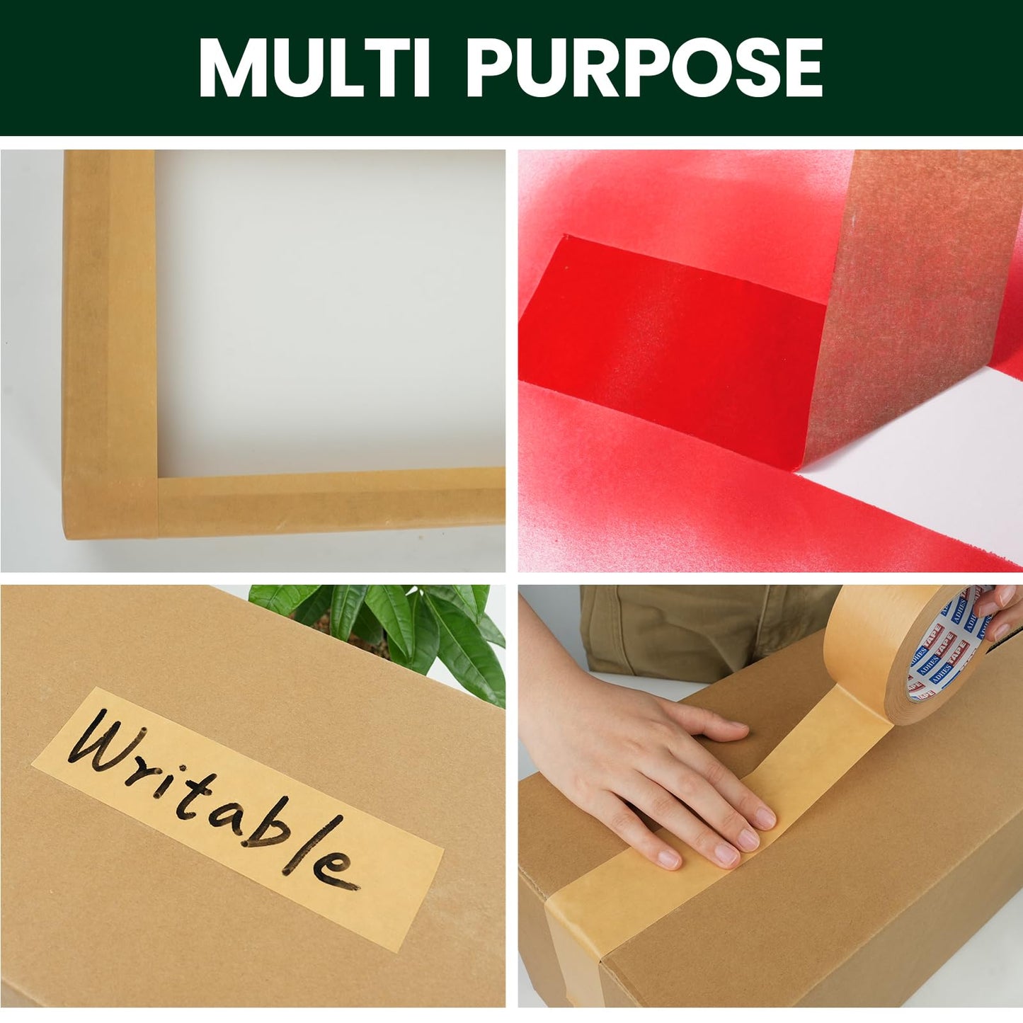 ADHES Kraft Paper Tape, 2 Inch x 44 Yards, 4 Rolls Writable & Uncoated Heavy Duty Paper Tape, Biodegradable Brown Packing Tape for Sealing, Packaging & Moving