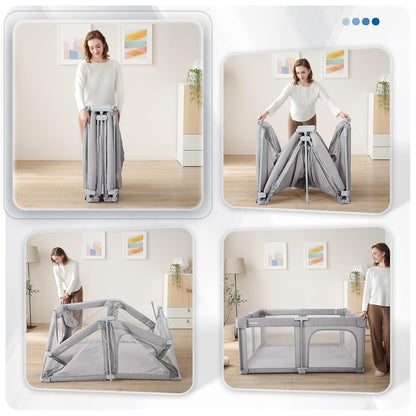 Sweeby Baby Playpen - Extra Large 59x59 Inch Foldable Play Yard with Door | Gray Indoor/Outdoor Fence