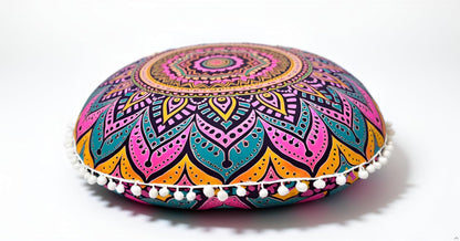 22 Inches Round Mandala Floor Pillow Cover Seating Cushion Throw Cover Ottoman Pouf Cover Pom Pom Pillow Cases Hippie