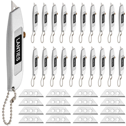 20 Pcs Mini Retractable Utility Knife with 40 Pcs Carbon Steel Blades Set Three-position Retractable Box Cutter on Keychain Small Pocket Knives for Cardboard Carpet Drywall