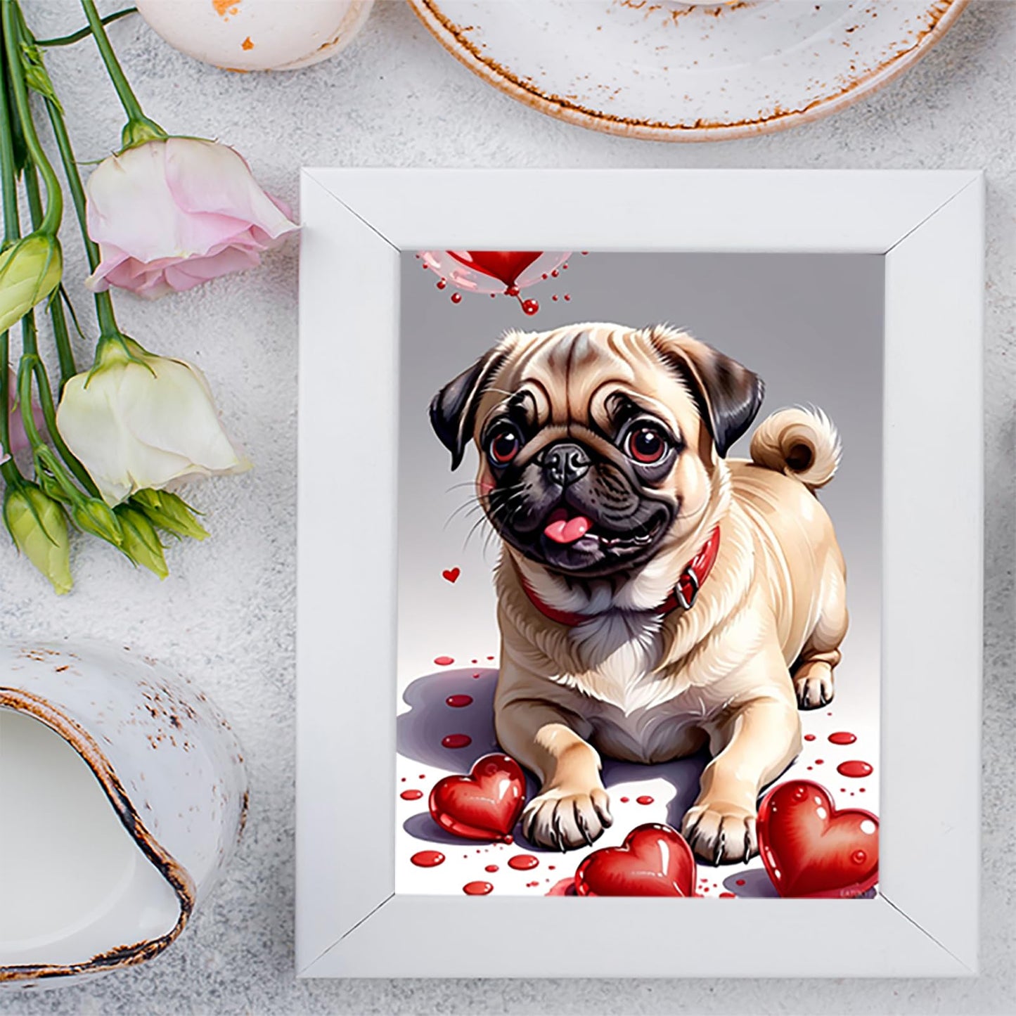 EATUKYIC Heart and Animals 5D Diamond Painting Kits for Adults Beginner, DIY Pug Paint with Diamonds Pictures, Red Heart Diamond Dots for Home Decor Gifts for Craft Lovers 12x16inch