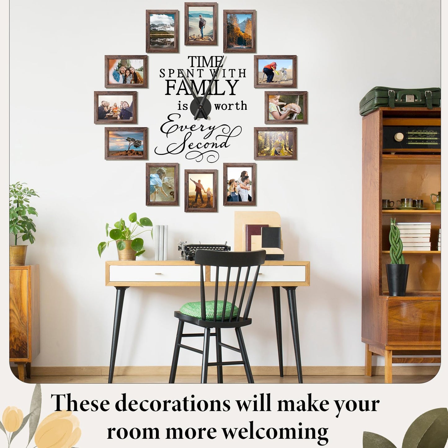 Briwooody Family Photo Clock Frame Wall Decor for Living Room, Family Picture Frame Clock Quote Art Wall Stickers Kit, Housewarming Gifts, Room Decor(5 x 7 Inch,Brown)
