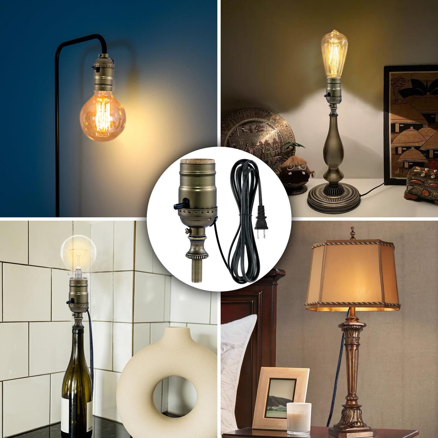 Lamp Rewire Kit,Lamp Socket Replacement Kit,Antique Brass Light Socket with Matching Electric Cord Set,DIY Lamp Making Kit Lamp Wiring Kit with All Essential Hardware (Bronze, 1)