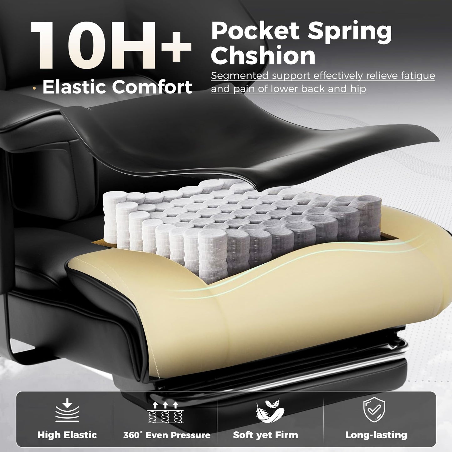 COMHOMA Big and Tall Office Chair 400lbs High Back Computer Gaming Chair with Ergonomic Lumbar Support & Pocket Spring Cushion for Lower Back Pain Relief, Leather Executive Chair with Foot Rest, Black