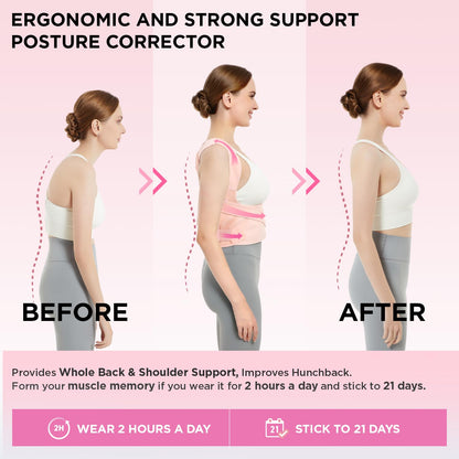 Vicorrect Posture Corrector for Women and Men: Back Support Brace Upper Back Shoulders Pain Relif (Pink, Large)