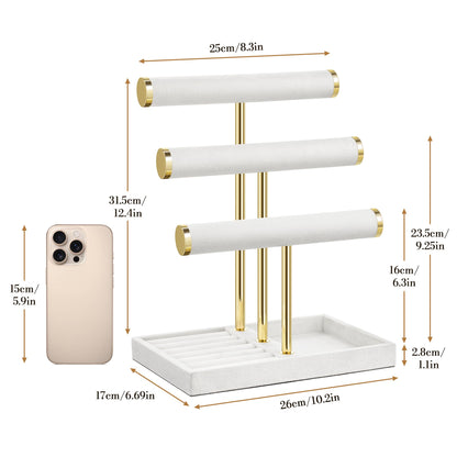 3 Tier Bracelet Holder Display - Detachable T Bar White Velvet Bracelet Holder, Jewelry Holder Organizer for Bracelet, Necklace, Watches, Rings
