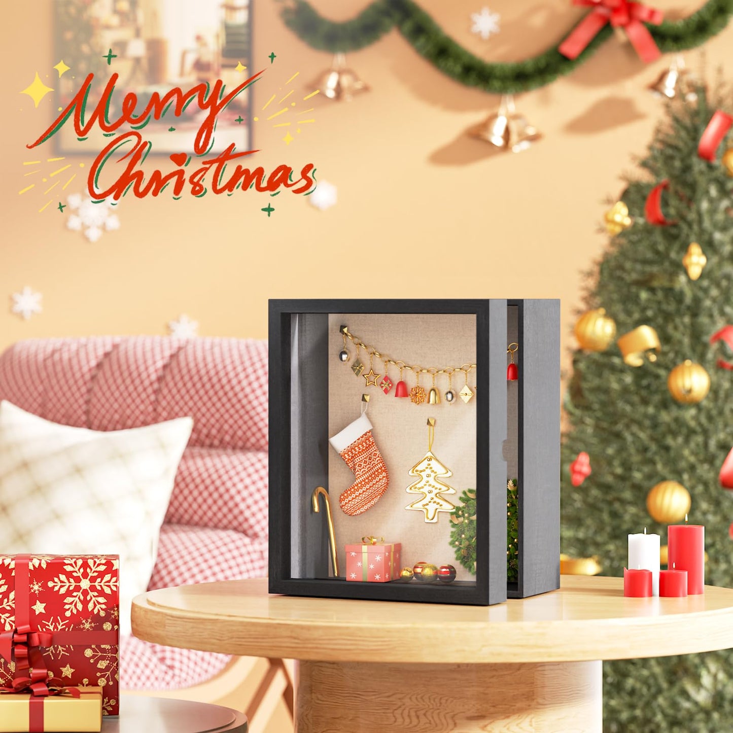 SZQINJI 8x10 Shadow Box Frame Memory Box Flower Shadow Box Display Case with Linen Back Glass Magnetic Door for Memorabilia Awards Medals Photos Rustic Black Wall and Tabletop