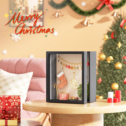 SZQINJI 8x10 Shadow Box Frame Memory Box Flower Shadow Box Display Case with Linen Back Glass Magnetic Door for Memorabilia Awards Medals Photos Rustic Black Wall and Tabletop