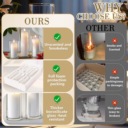 Homjoy 24 PCS White Pillar Candles with Glass Candle Holders Clear Hurricane Candle Holders Glass Cylinder Vases for Centerpieces Wedding Party, Event, Home Office (12 Candles+12 Candle Hoders)