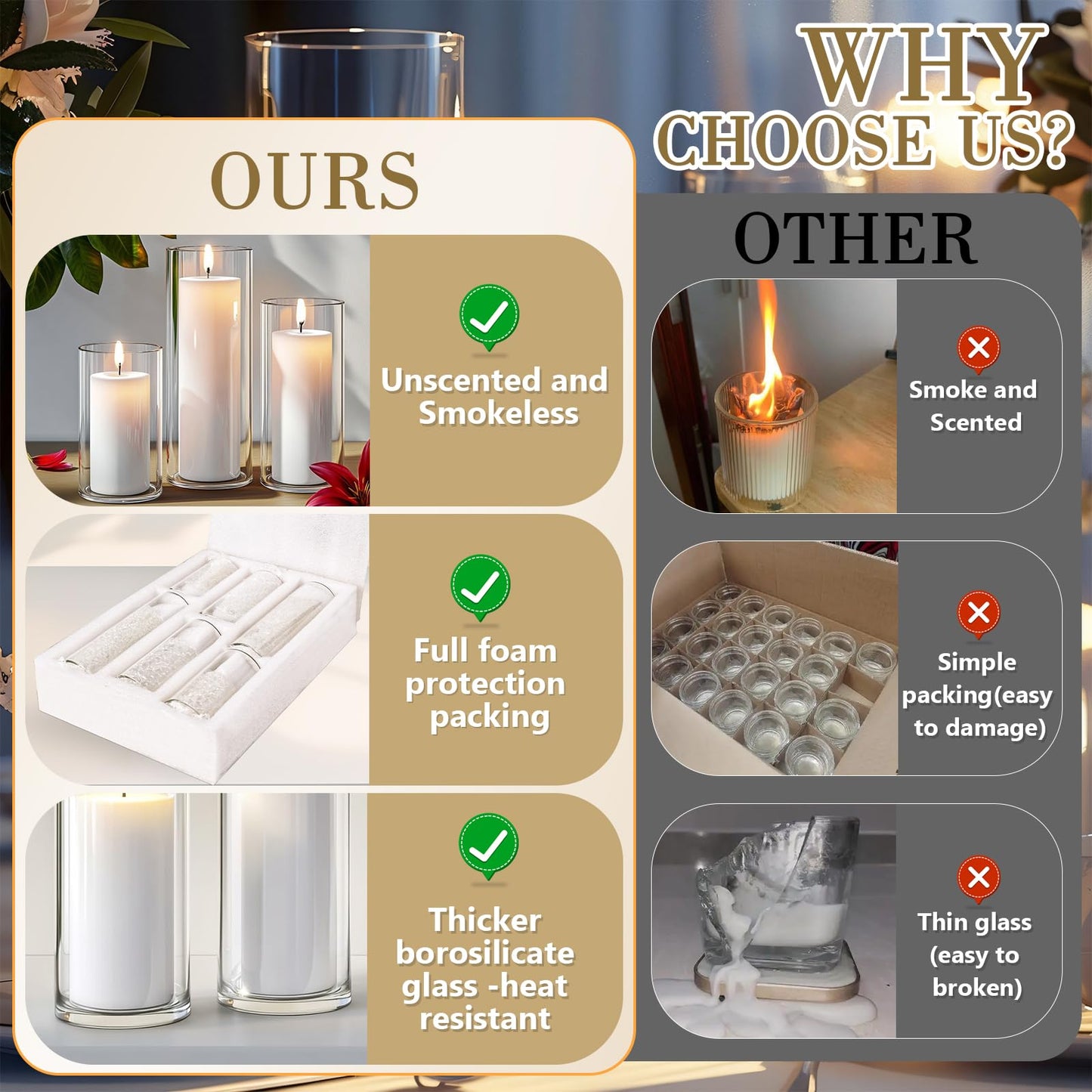 Homjoy 12 PCS White Pillar Candles with Glass Candle Holders Clear Hurricane Candle Holders Glass Cylinder Vases for Centerpieces Wedding Party, Event, Home Office (6 Candles+6 Candle Hoders)