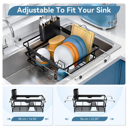 Over the Sink Dish Drying Rack,In Sink Dish Drying Racks,Expandable Dish Rack Over Sink Counter,Adjustable Dish Drainer for Inside Sink with Utensil Holder, Stainless Steel Dish Strainer XLarge Size