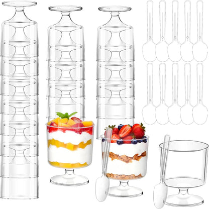 120 5 OZ Pcs Dessert Cups with Spoons - Mini Clear Plastic Dessert Parfait Cups - Round Serving Goblet Cup for Party