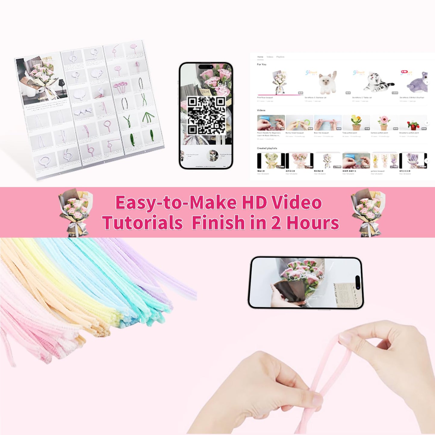 LUO TUO TOOL Pipe Cleaners Craft Flower Kit, Pink Rose DIY Bouquet Kit to Make Pipe Cleaner Flowers with Chenille Stems, Wrapping Paper and Ribbon, Arts and Crafts Gift for Girls, Mother’s Day Gift
