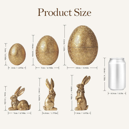 6PCS 3 3 DN DECONATION Easter Decorations with Rabbits and Nesting Easter Eggs, Small Gold Easter Bunny Figurines