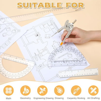 40 Pieces Geometry Math Set Compass for Geometry Math Compass and Protractor Set Include Metal Compass with Pencil Plastic Ruler and Protractor for Student School Office Woodworking Drawing Tools