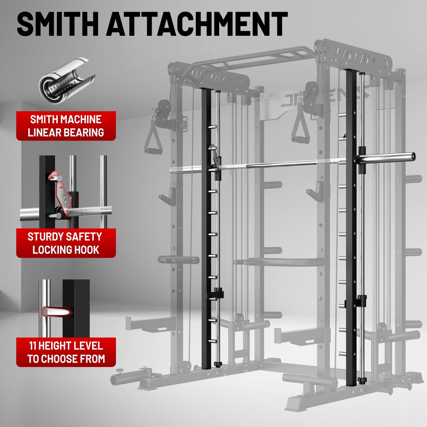 JELENS Smith Machine for Home Gym, Multi-Function M12 Power Cage, Squat Rack with Smith Bar and More Attachment (Black, 190LB Black Weights Package)