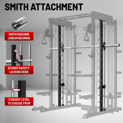 JELENS Smith Machine for Home Gym, Multi-Function M12 Power Cage, Squat Rack with Smith Bar and More Attachment (Black, 230LB Black Weights Package)