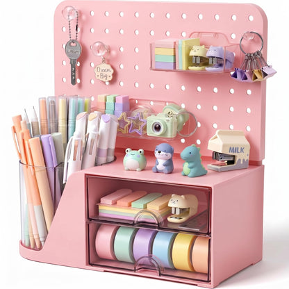 Novabright Desk Organizer with 2 Drawers, Rotating Pen Holder with 5 Slots & Pegboard, Back to School & End of School Year Gifts, Multifunctional Desktop Storage for Desk Home Office Supplies(Pink)