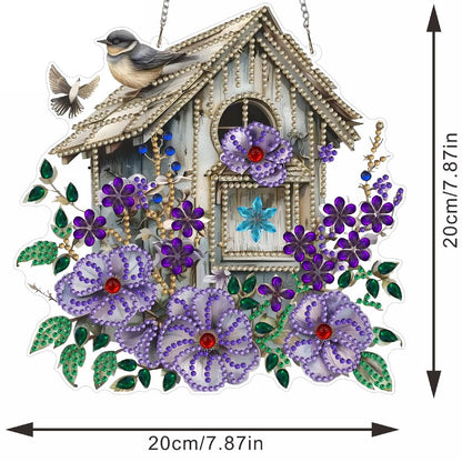 Birdhouse Diamond Art Hanging Kit for Adult Flowers Bird,Special Shaped Rhinestone,DIY Acrylic 5D Diamond Art Painting Window Pendants Home Garden Wall Hanging Kits Hanging Ornament,Double-Sided