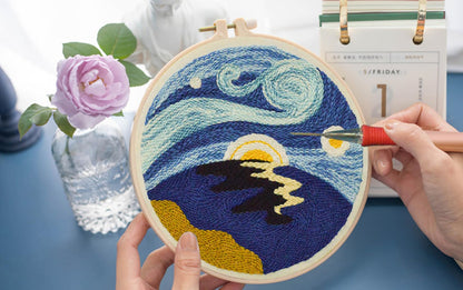Abillyn Punch Needle Embroidery Starter Kit for Beginner, Punch Needle Fabric with Starry Sky Pattern, Embroidery Hoops and Embroidery Pen (Moonlit Night)