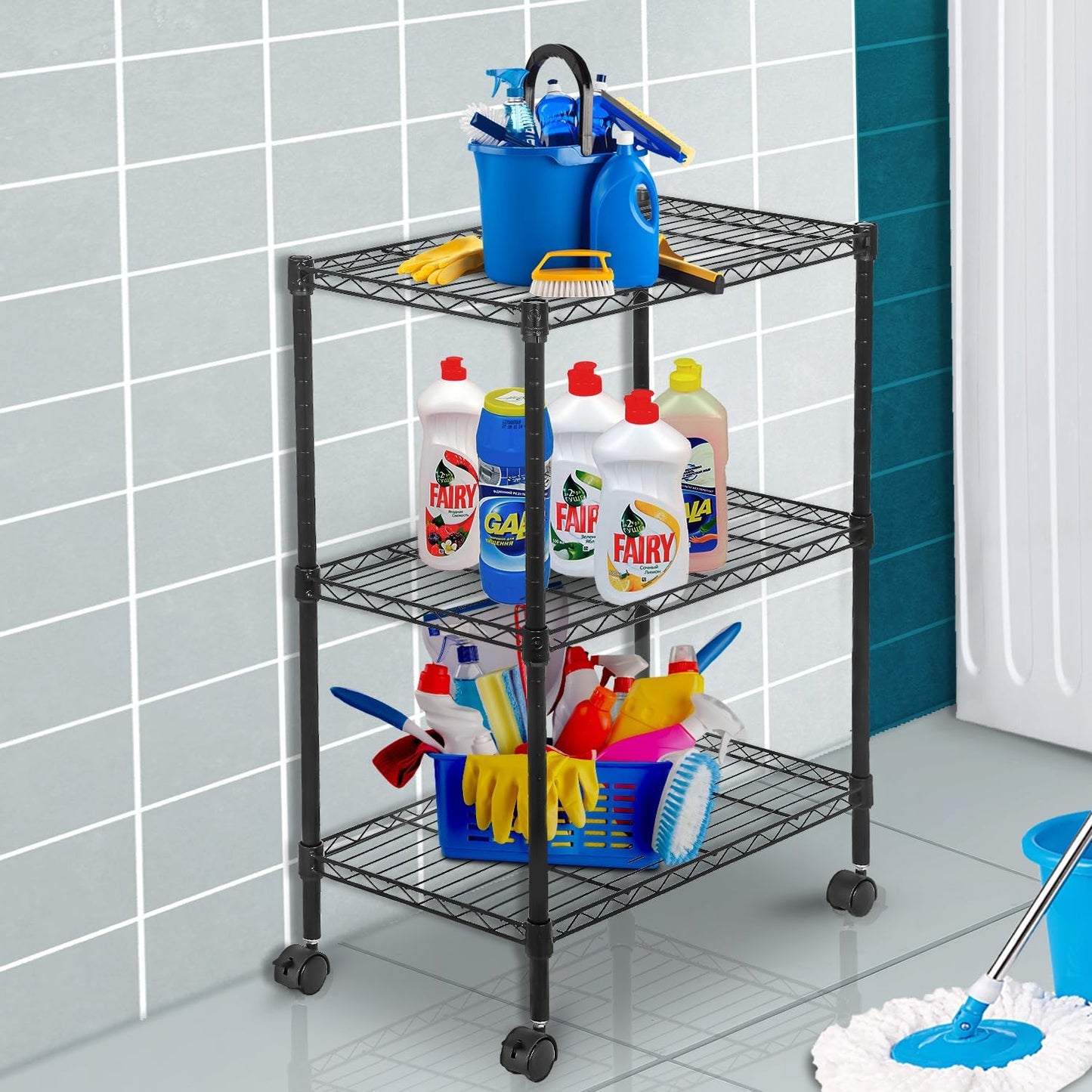 3-Tier 23"x13"x31" 170 lbs PayLessHere | Wire Shelf with Wheels | | Black | Adjustable Racks | Heavy-Duty Storage