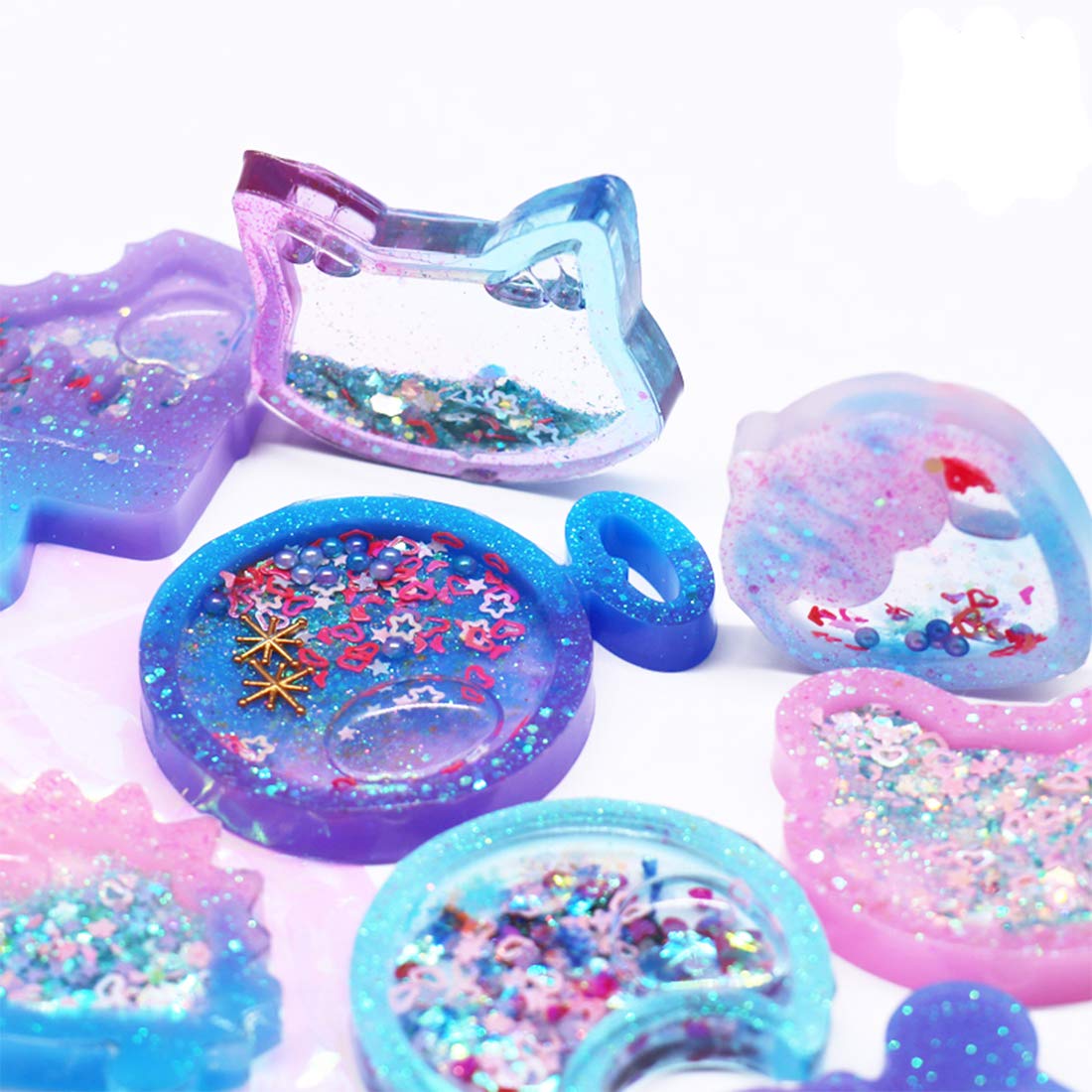 FineInno 9Pcs Resin Shaker Molds,Kawaii Quicksand Epoxy Casting Mold,Cat Animal Silicone Mold with 3 Sheets Film DIY Pendant Jewelry Decoration Craft