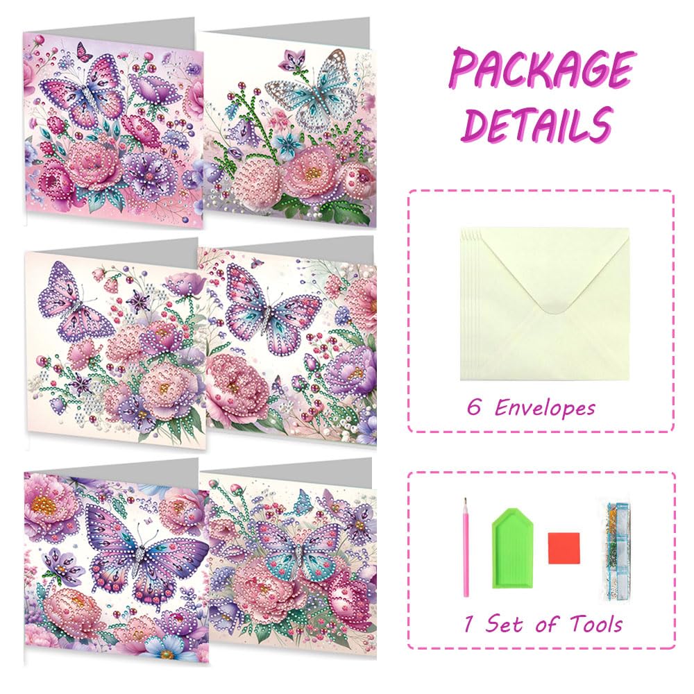 JBTM24 6 Packs Diamond Art Cards Kit, Diamond Painting Greeting Cards with Envelopes, DIY Card Making Kits for Adults, Gifts for Families, Friends, Partners (Butterfly)