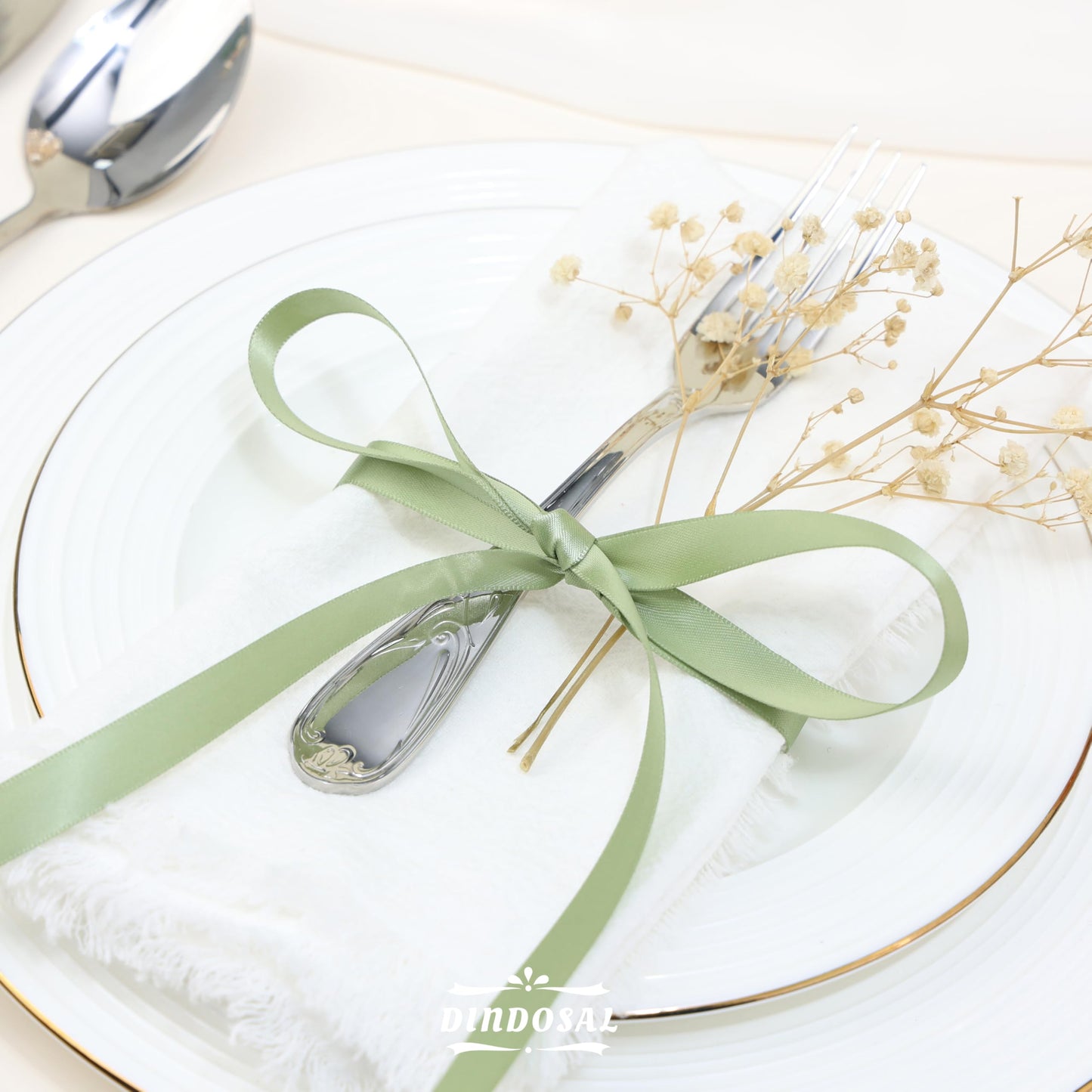 DINDOSAL Sage Green Satin Ribbon, 1/2 Inch x 50 Yards, Thin Ribbon for Wedding Decor, Gift Wrapping, Hair Bows, Baby Shower, Invitations, Bouquet Wrap