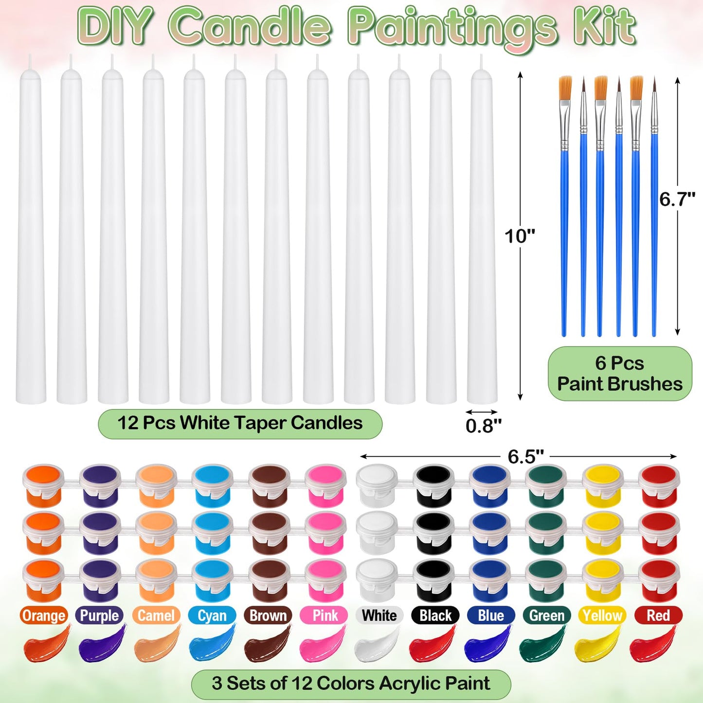 MTLEE 54 Pcs DIY Candle Painting Kit Include White Candles Colorful Acrylic Paint Strips and Paintbrushes for Crafts Making Wedding Birthday Party Centerpiece (Taper)