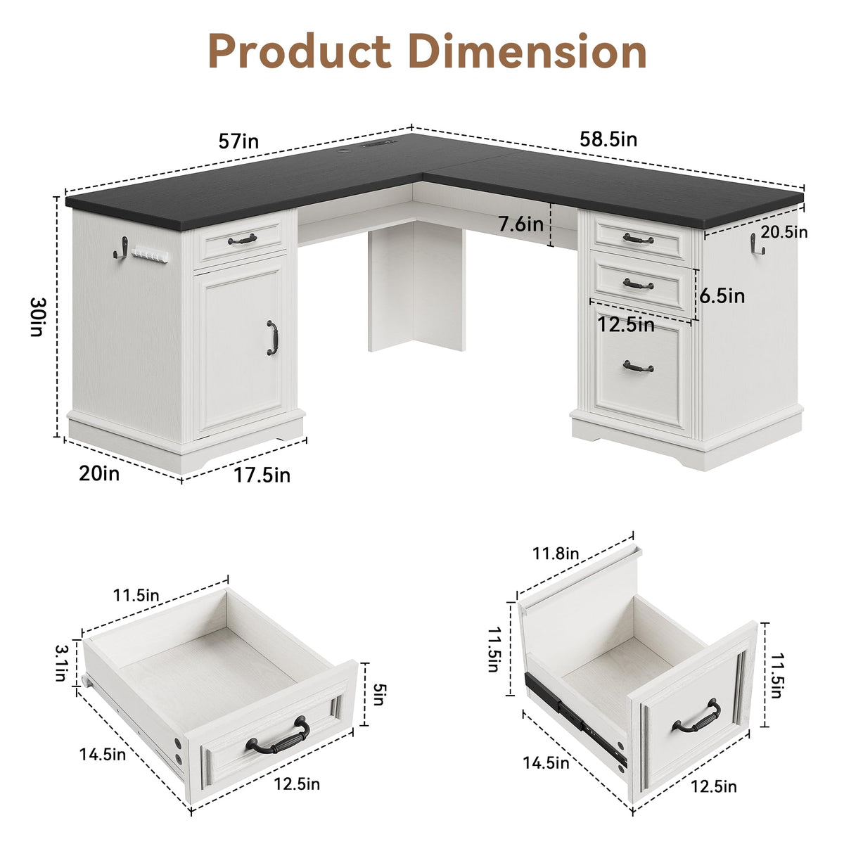 Jocoevol L-Shaped Executive Desk with Drawers, 59" Farmhouse Home Office Desk with File Cabinet, Computer Desk with Charging Station & Headphone Hook for Work/Study/Writing (White & Black)