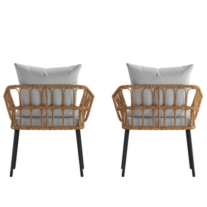 Flash Furniture Evin Set of 2 Boho Indoor/Outdoor Patio Chairs - Natural Finish Faux Rattan Wicker - Gray All-Weather Cushions - Integrated Armrests