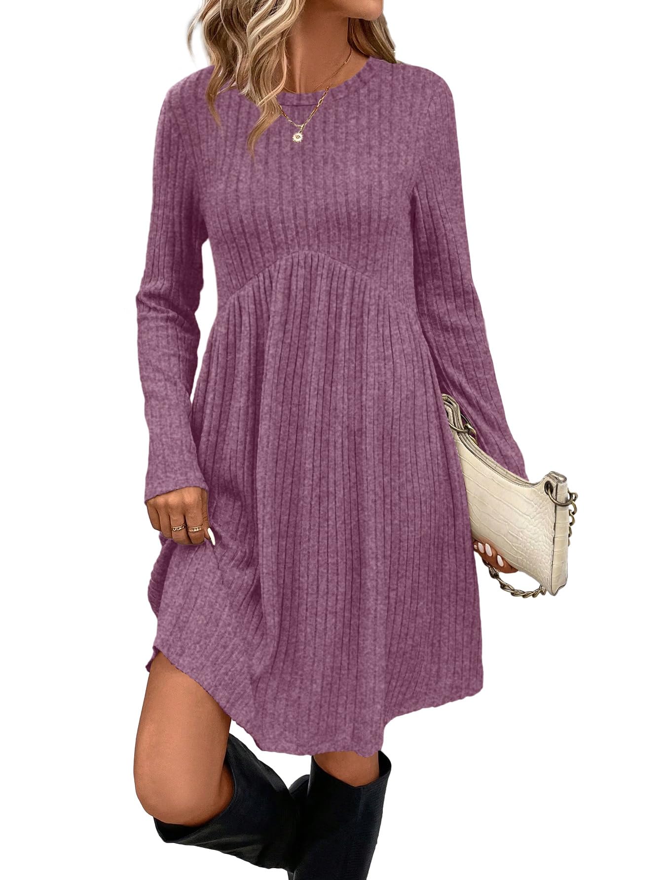 OFEEFAN Long Sleeve Dress for Women Crew Neck Empire Waist Tunic Dress with Pockets