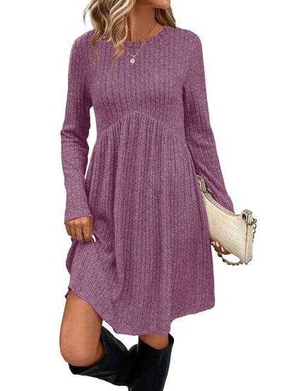 OFEEFAN Long Sleeve Dress for Women Crew Neck Empire Waist Tunic Dress with Pockets