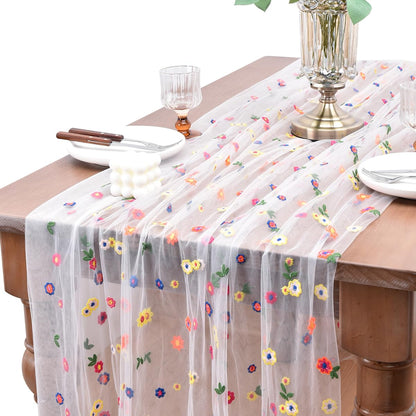 Joanlody 6pcs Ivory Summer Flower Table Runner 10ft Embroidery Daisy Floral Seasonal Tulle Table Runner for Home Garden Tea Party Holiday Birthday Decoration