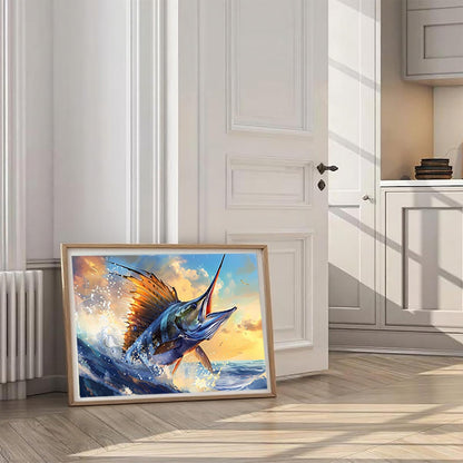 Blue Ocean Marlin Fish Diamond Art Painting Kits for Adults DIY Round Drill Diamond Art Crafts for Home Decor 12x16 inch