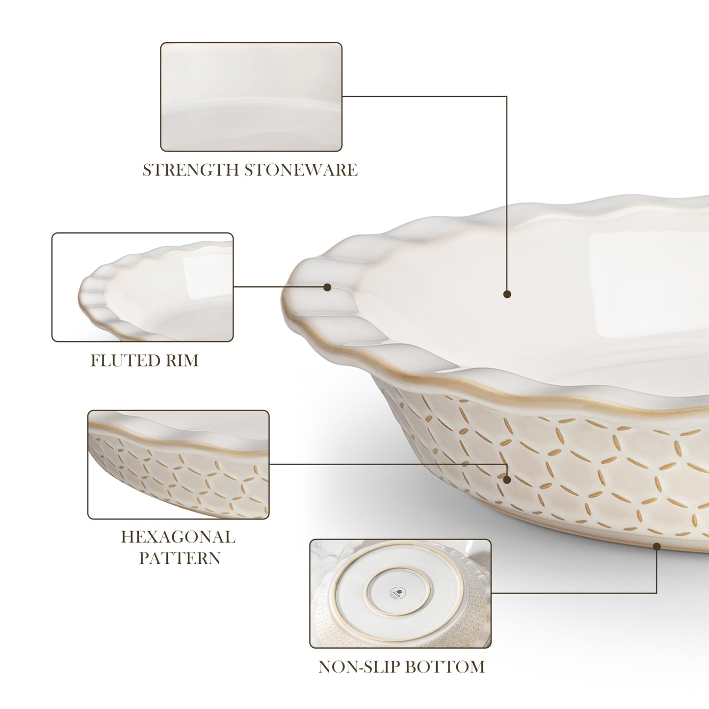 MALACASA Pie Dish for Baking, Stoneware Pie Pan 9 Inch, Embossed Deep Dish Pie Pans, 45 OZ Round Baking Dish Pie Pan, Fluted Dish Pie Plate for Apple Pie, Quiche and Tart, Set of 1, Series LYDIA