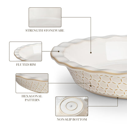 MALACASA Pie Dish for Baking, Stoneware Pie Pan 9 Inch, Embossed Deep Dish Pie Pans, 45 OZ Round Baking Dish Pie Pan, Fluted Dish Pie Plate for Apple Pie, Quiche and Tart, Set of 1, Series LYDIA