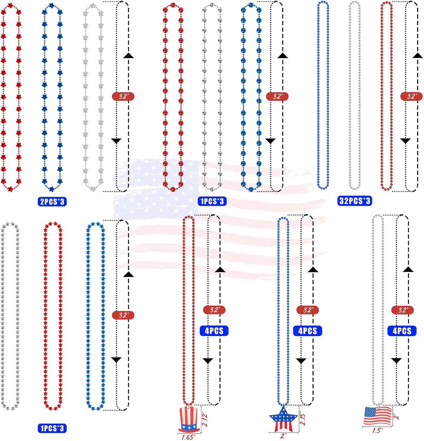120PCS 4th Moon Boat of July Accessories Necklaces: Blue White and Red Beads Bulk, Patriotic Party Independence