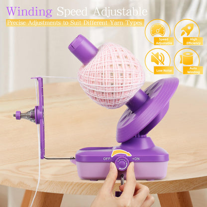 Electric Yarn Winder for Crocheting-Automatic Crochet Yarn Ball Winder for Perfect Neat Cakes-Stepless Speed with Strong Tension, Tangle-Free Knitting Gift for Seniors with Arthritic Hands(Purple)