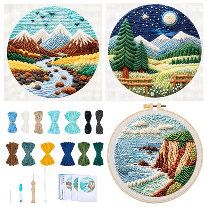 BEUNITONE 3PCS Landscape Punch Needle Kit for Adults Beginners, Complete Craft Kit Needlepoint Kits for Adults with Hoop, Punch Needle Starter Craft Set for Cloth Festival Gift and Home Decor 20X20CM