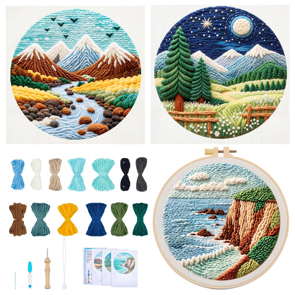 BEUNITONE 3PCS Landscape Punch Needle Kit for Adults Beginners, Complete Craft Kit Needlepoint Kits for Adults with Hoop, Punch Needle Starter Craft Set for Cloth Festival Gift and Home Decor 20X20CM