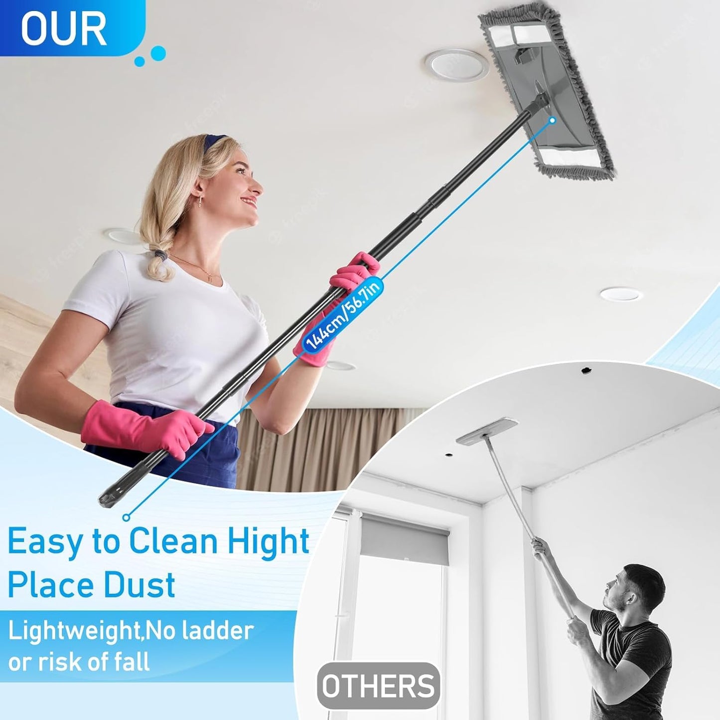 19" Wall Cleaner Mop with Long Handle for Wall Ceilings Floor Cleaning