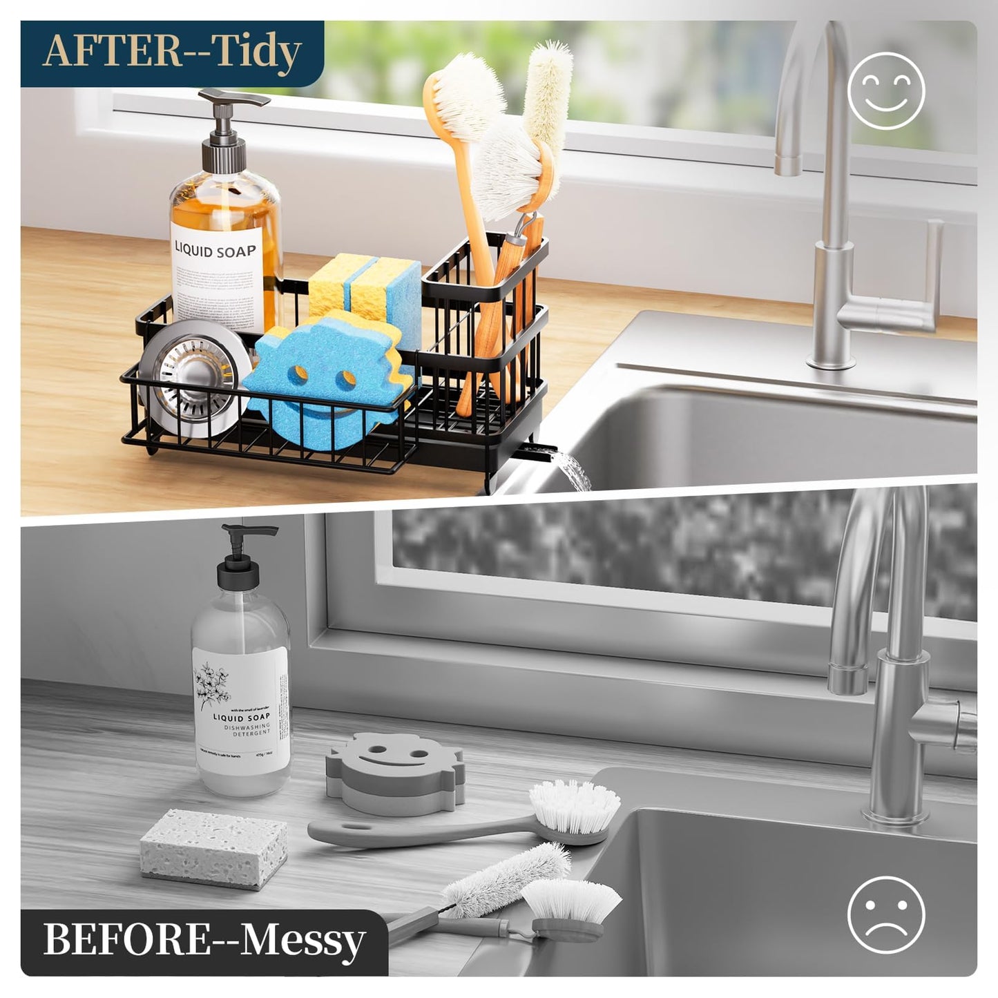 Consumest Sponge Holder for Kitchen Sink - Auto Draining Sink Caddy Organizer with Detachable Rack, High Brush Holder, Kitchen Countertop Storage Accessories, Black
